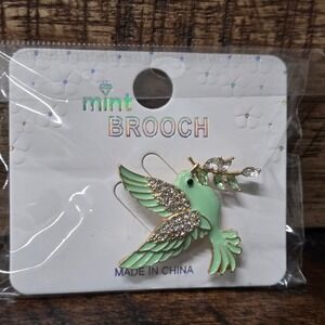 Mint Green Colored Enamel, Mint Colorful Crystal Hummingbird Brooch.